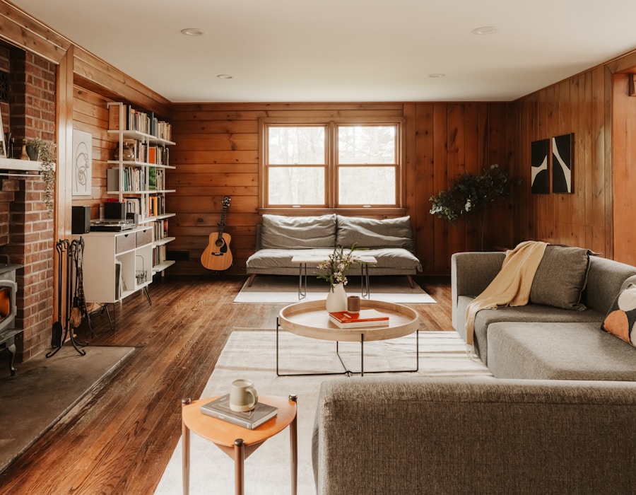 Bright holiday let living room with large windows and sectional sofa
